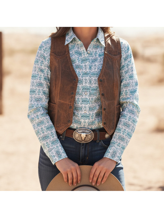 Panhandle Tops - Panhandle Rough Stock Pearl Snap Top, Size L, White, Teal, Navy, & Grey, Western
